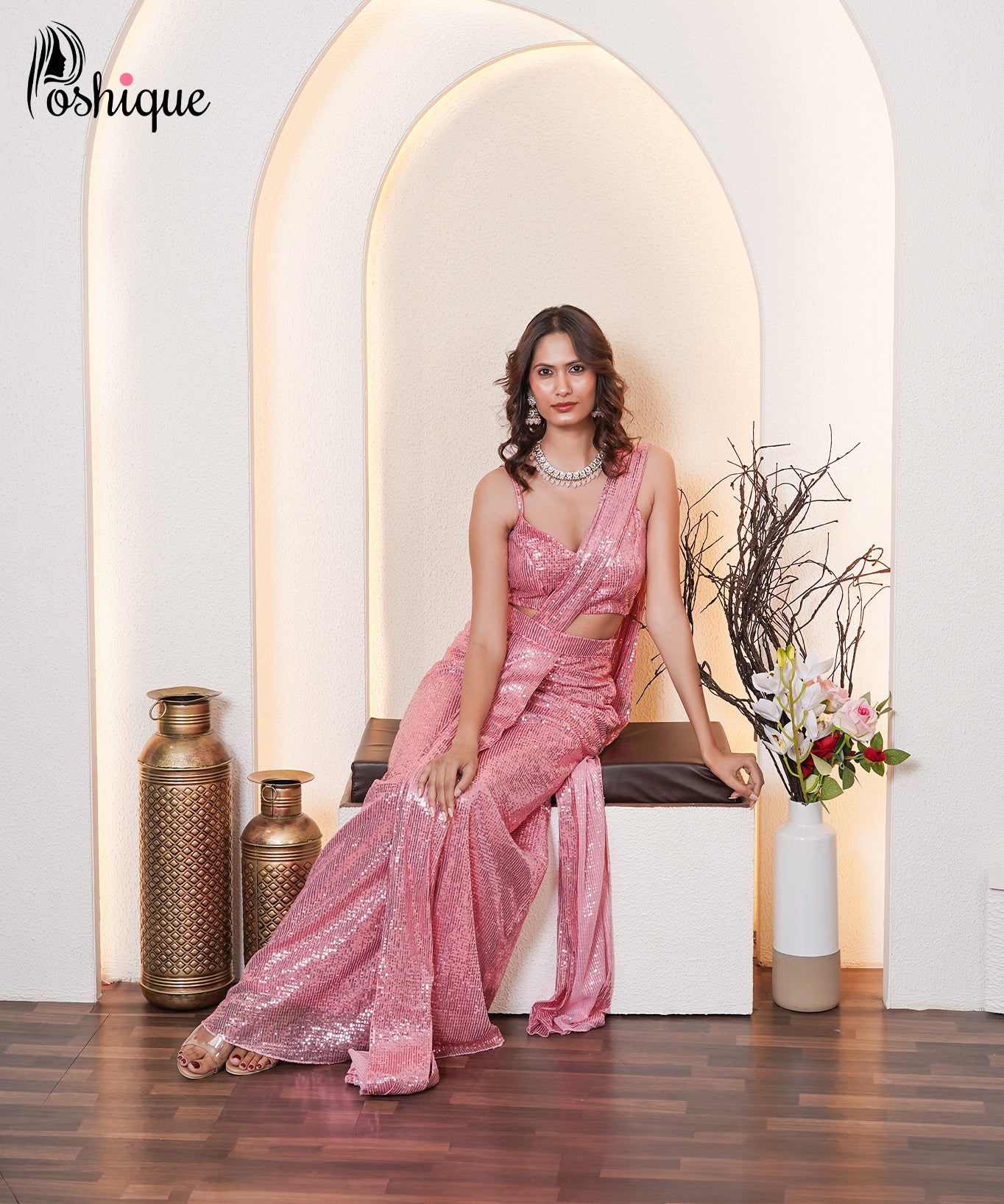 Pink Sequin Draped Saree Set